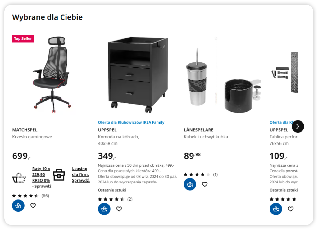 propozycje produktów w ramach cross-sellingu w sklepie IKEA