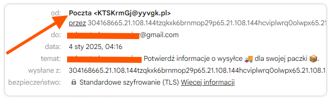 Przykład próby oszustwa internetowego - e-mail wysłany przez oszusta podszywającego się pod Pocztę.